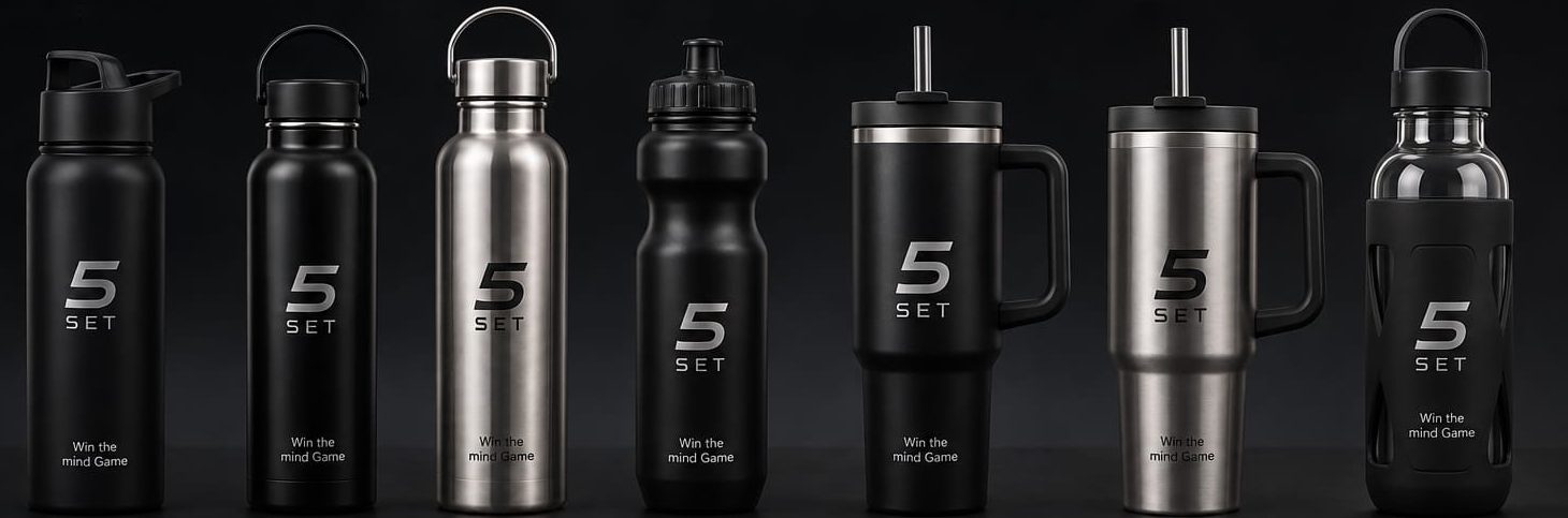 Linha de sete garrafas e copos térmicos 5Set em preto, inox e vidro