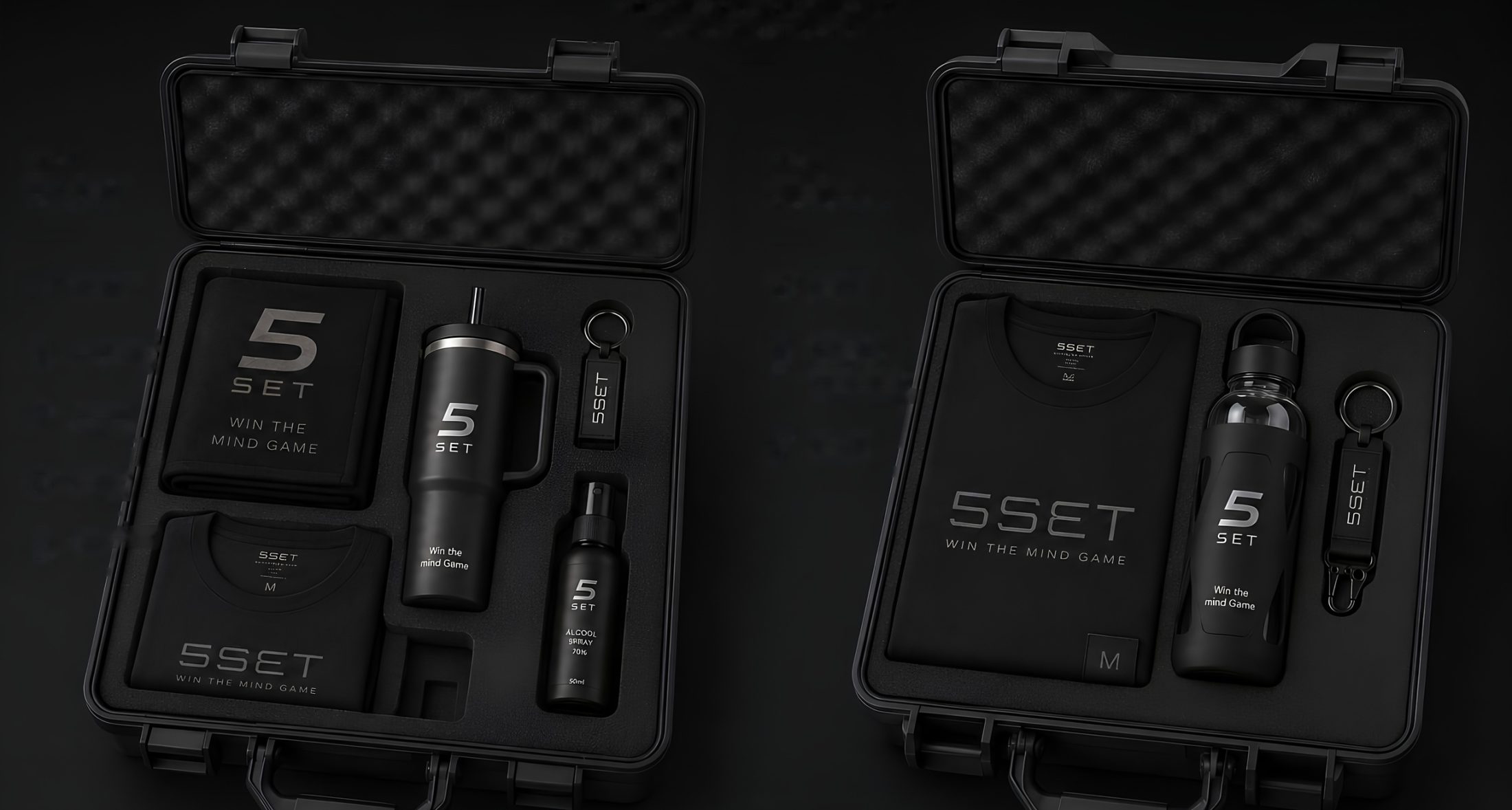 Dois kits premium 5Set em maletas pretas: manta, copo térmico com canudo, chaveiro, álcool spray, camiseta e garrafa de vidro com revestimento emborrachado